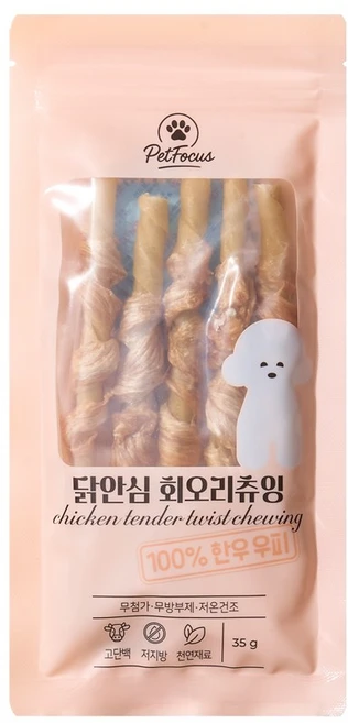 펫포커스 한우우피껌 오래먹는 강아지껌 국내산 수제간식, 1개, 35g, 닭안심회오리츄잉 - 쿠팡