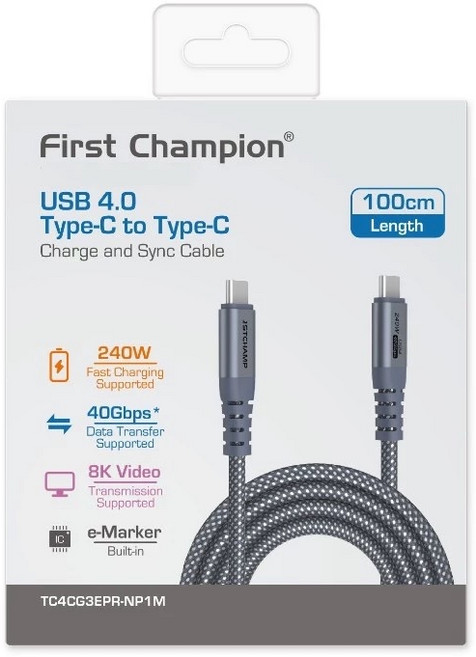 First Champion USB 4.0 Gen3 Type-C to Type-C 充電傳輸線 240W 100cm, 1個