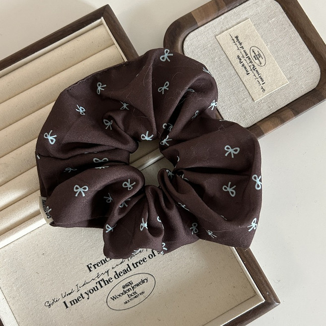 藍咖配色蝴蝶結印花大腸髮圈日韓時髦百搭布藝頭繩扎馬尾皮筋髮飾
