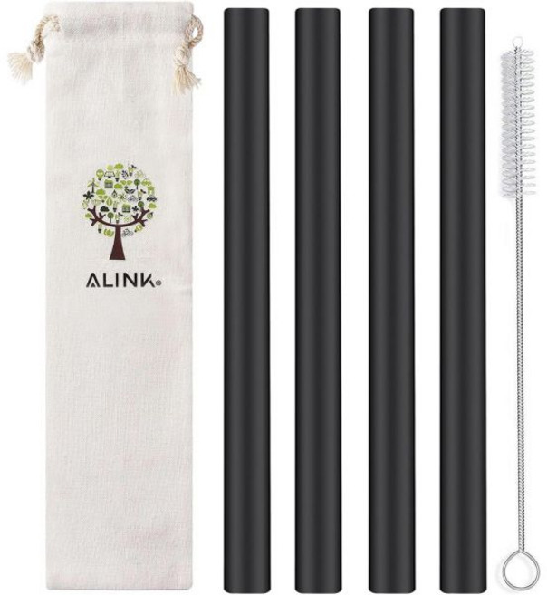 ALINK 재사용 실리콘 버블티 빨대 대형 타피오카 펄용 스무디 4개 세트 세척 브러시 및 케이스 포함 10인치 x 14mm 검정 회색 초록 분홍