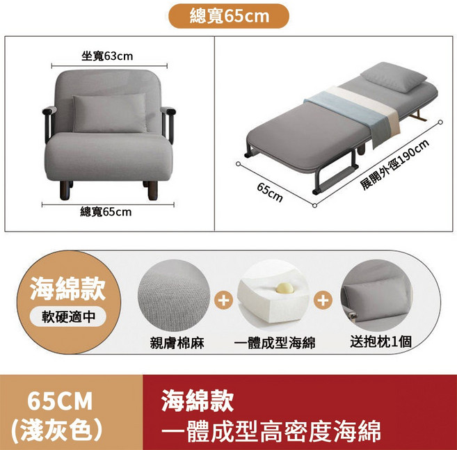 折疊沙發床椅，展開190cm，親膚棉麻面料, （65cm）淺灰色-送1抱枕