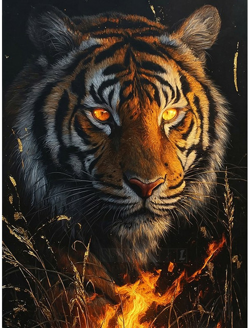 뉴타임즈 보석 자수 캔버스 타입 40X50cm 액자 포함 다이아몬드 그림 홈 인테리어 수공예 애호가 풍경화 동식물 특별한 선물, 1개, 불타는 호랑이 00404