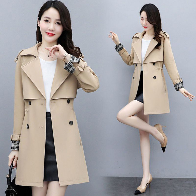 AOKADA 여성 봄 가을 슬림핏 카라넥 체크소매 트렌치 A라인 하프 코트