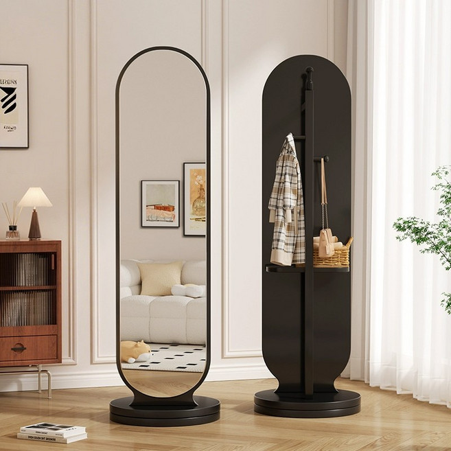 원트두 전신 거울 행거 옷걸이 회전 거울 스탠드 원형 1660mm, 블랙