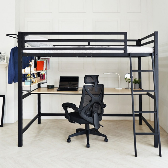 일루일루 코모드i 스퀘어 책상 벙커침대 SS 철제 성인 2층 수납 학생 올인원, 프레임+LEDBar조명, 블랙