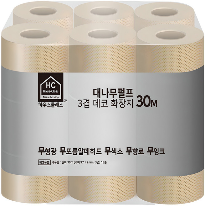 하우스클래스 대나무펄프 3겹 데코 고급 롤화장지, 30m, 18개입, 1개