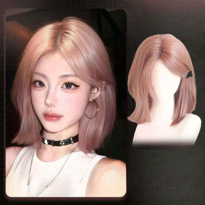 LOKEXING 여성 가발 중머리 숏컷 계열 풀커버 모조 헤어, 1개, 핑크