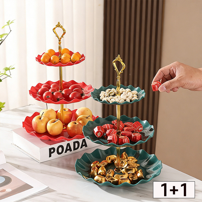 Izeriel 1+1 3단 트레이 과일 간식 파티 스탠 쟁반 트레이 디저트 플레이트 스탠드 케이크 디저트 트레이, 2개, 레드+그린