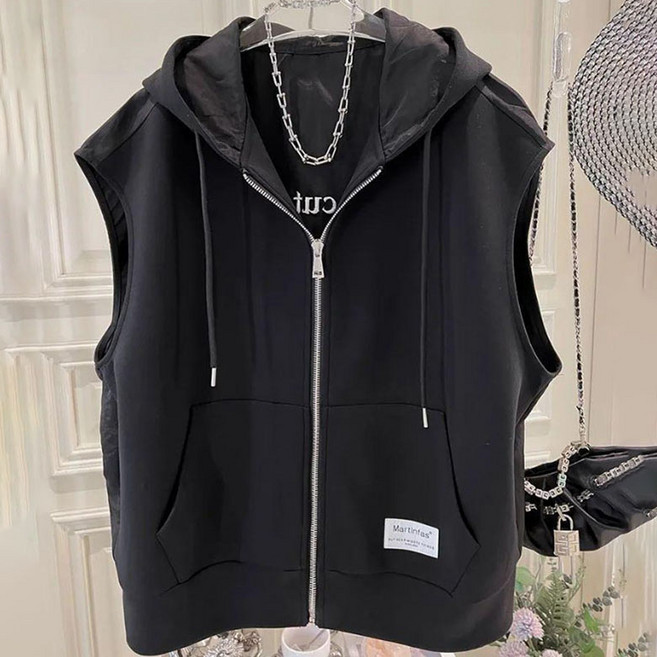 ORZQU 여름 여성 루즈핏 민소매 집업 카디건 캐주얼 자수 후드 조끼 코트