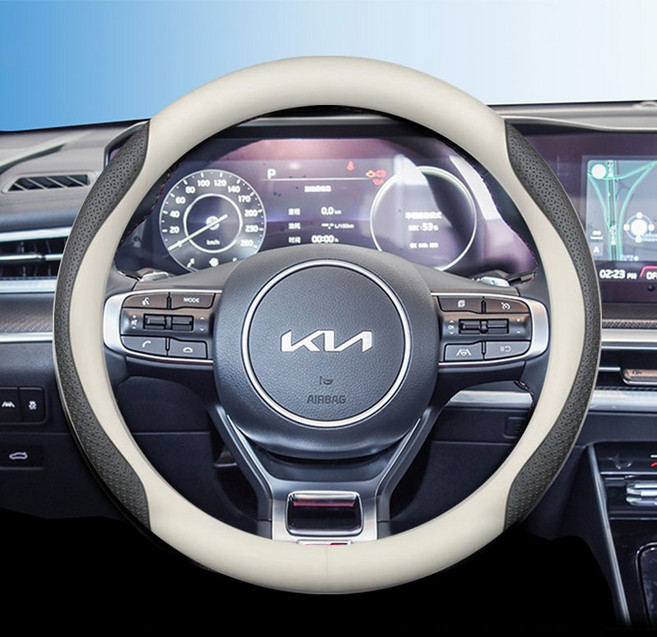 기아 전차종 호환 프리미엄 나파 가죽 카본 핸들커버, 베이지 엠보, 원형 (K-01)