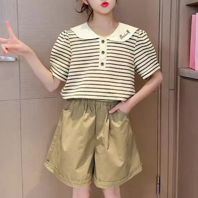 주니어 여아 반팔 스트라이프 티셔츠 밴딩 반바지 상하복 세트