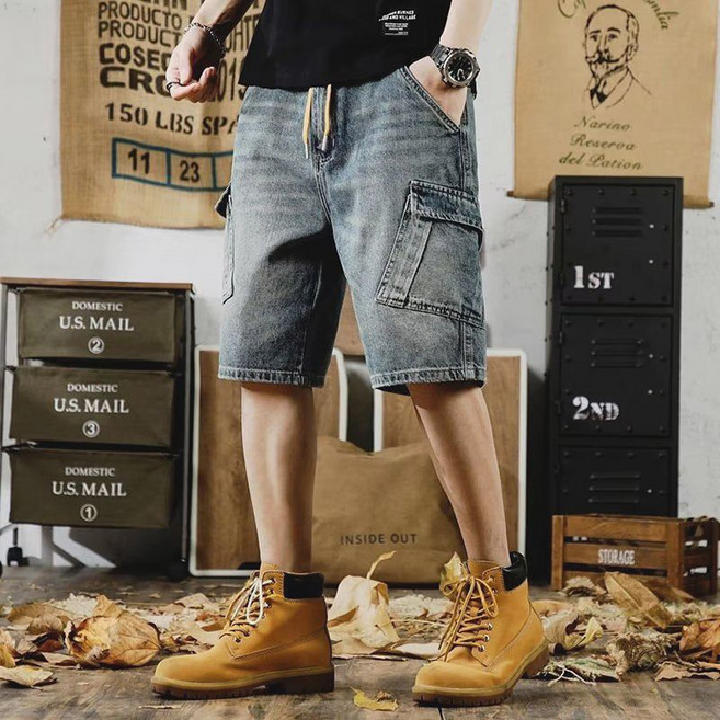 POMTOR 남자 여름 데님 반바지 얇은 카고 일자 5부 팬츠 와이드 청바지