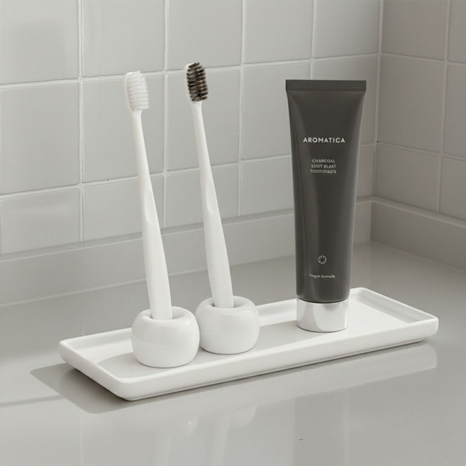 딜라이트홈 세라믹 욕실정리 칫솔꽂이2개&트레이세트, 1세트, 화이트