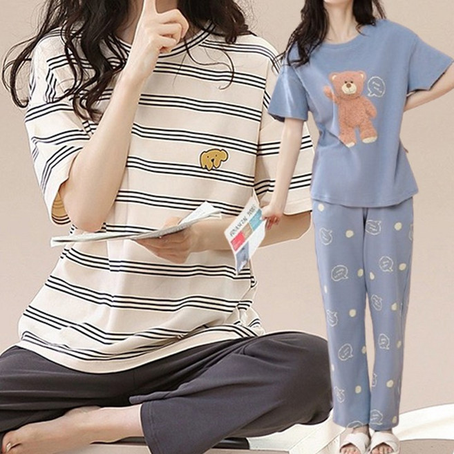 [5컬러] 여름잠옷 루즈핏 라운드넥 반팔+밴딩바지 파자마 상하세트