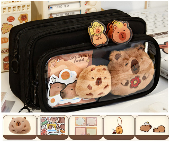 빌리네집 카피바라 필통 파우치 DIY 필꾸 학용품 선물, 블랙, 1개