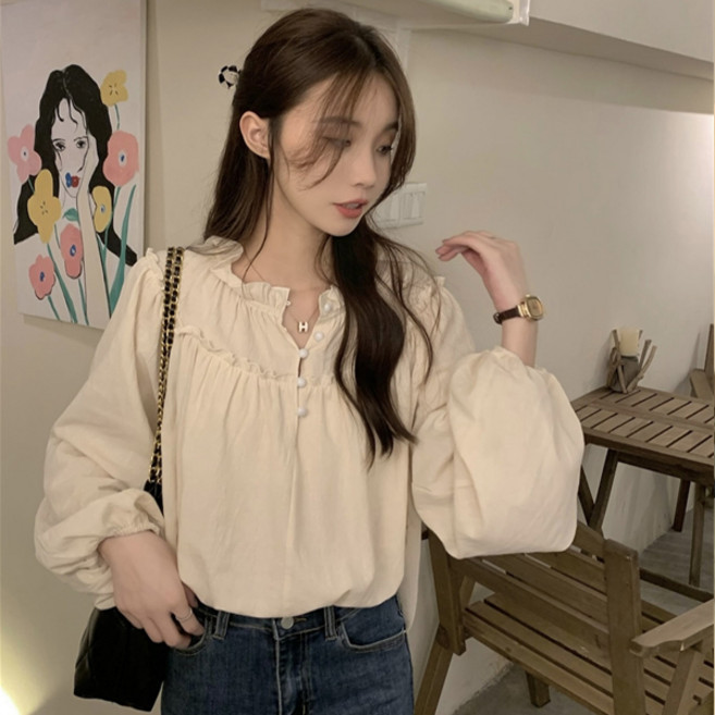 제이로그 프릴 퍼프 버튼 블라우스 셔츠 소이버튼BL