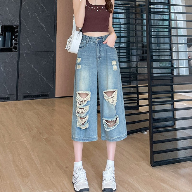 SAHINER 여성 데님 와이드 7부 찢어진 팬츠 하이웨스트 여름용 APD16