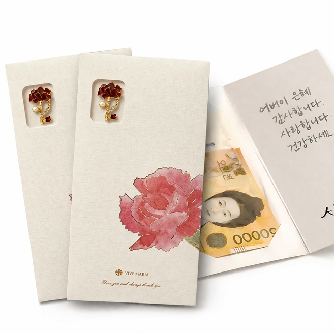 어버이날 선물 용돈 봉투 카네이션 브로치 2세트, 2개, 브로치와 봉투