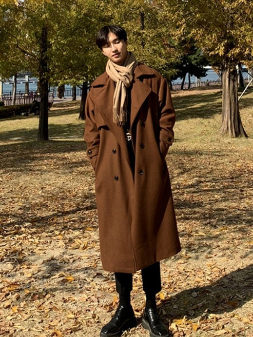 코트 캐러멜 블랙 소프트 따뜻한 모직 트렌치 새시 더블