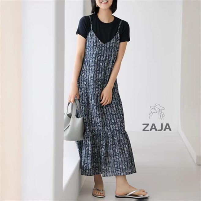 ZAJA 여성 레이어드 롱원피스 여름 루즈핏 끈나시 플로럴원피스