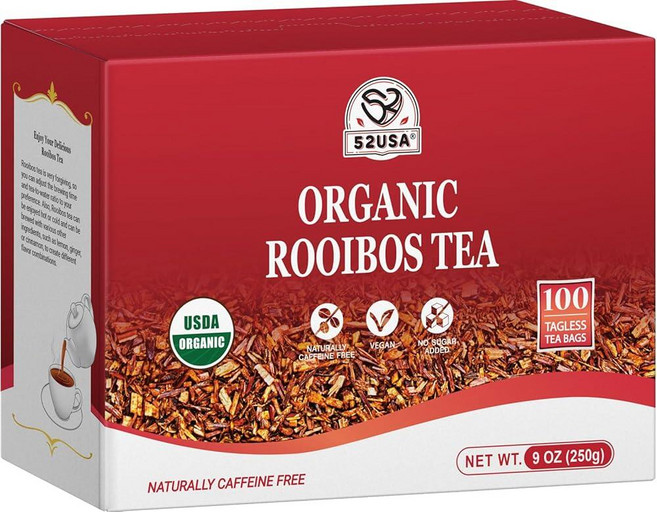 52USA Rooibos 유기농 차 티백 100개 순수 Premuim 루이보스 티 천연 스위트 허브 티 카페인 프리 루이보스 티 남아프리카에서 재배 250g(9온스), 100 Count (Pack of 1), 1개, 100개입, 250g