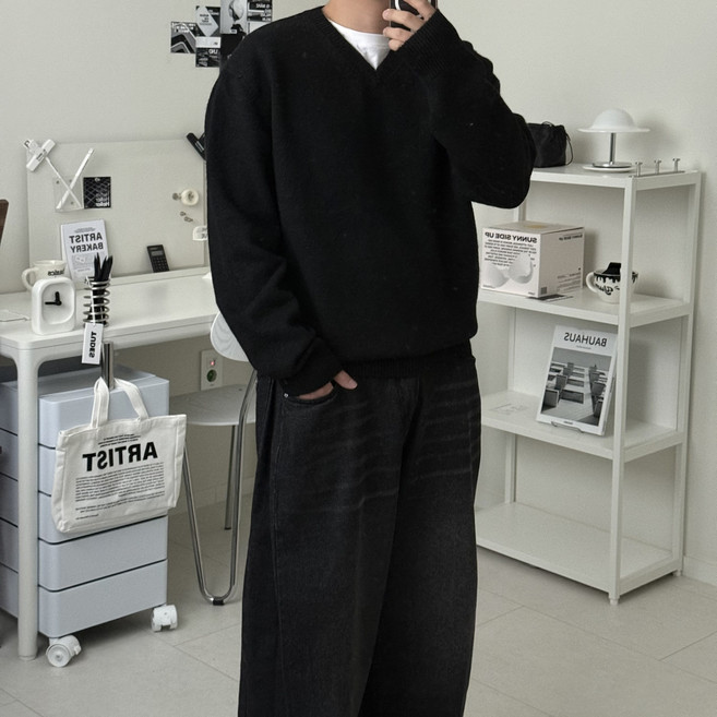 르위 스판 브이넥 울니트 연말 크리스마스 스웨터 오버핏 파스텔 남녀공용