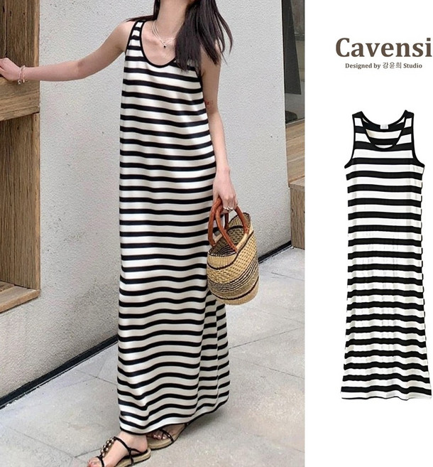 Cavensi 莫代爾背心長裙, 休閒條紋,1XL（建議60-75公斤 ）