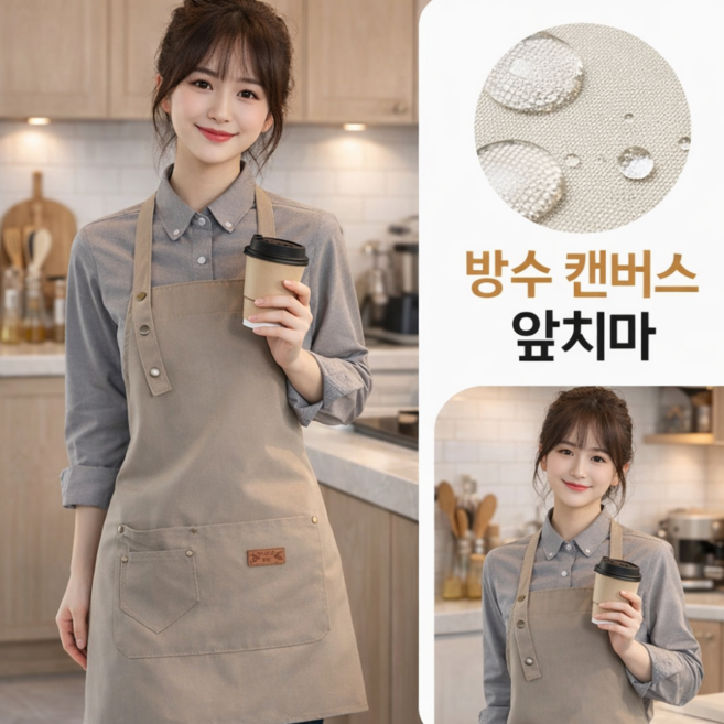 아이디픽 방수 포켓 캔버스 작업용 카페 앞치마, 1개, 베이지