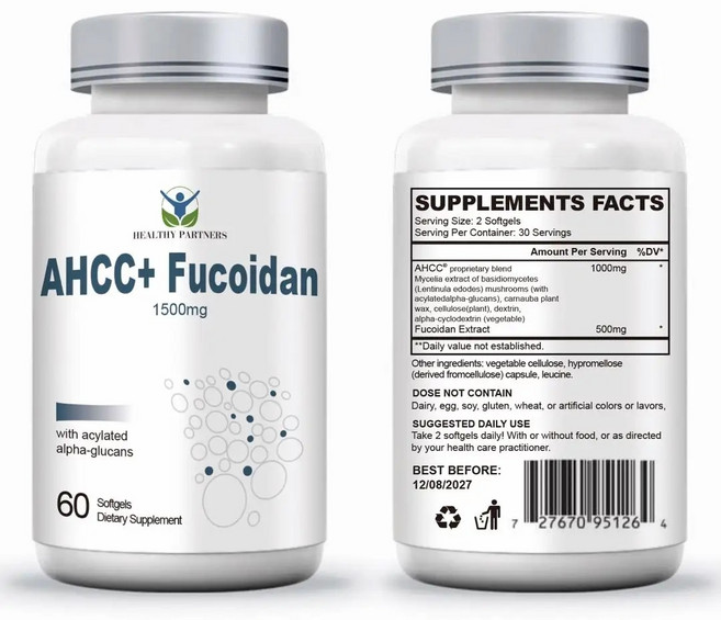 헬시파트너 AHCC 후코이단 1500mg 베타글루칸 표고버섯 균사체 알파글루칸 미역귀 무관세, 1개, 60정