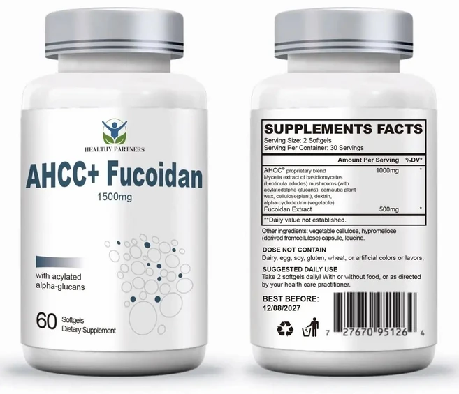 헬시파트너 AHCC 후코이단 1500mg 베타글루칸 표고버섯 균사체 알파글루칸 미역귀 무관세, 1개, 60정 - 쿠팡