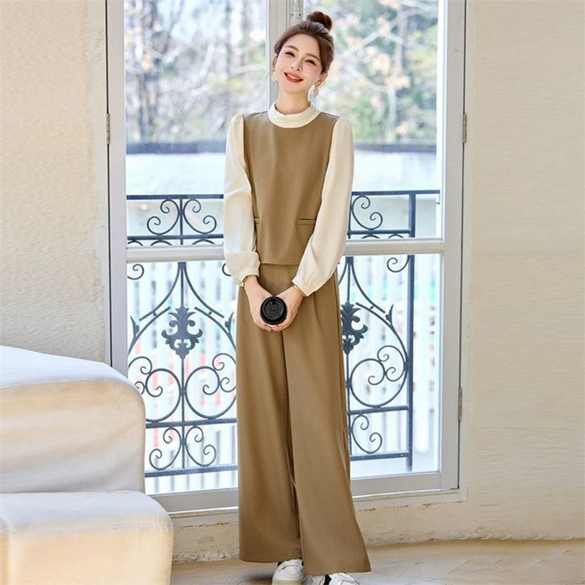 AOKADA 여성 봄 가을 루즈핏 레이어드 긴팔 셔츠 블라우스 와이드 바지 오피스룩 투피스 상하의 세트