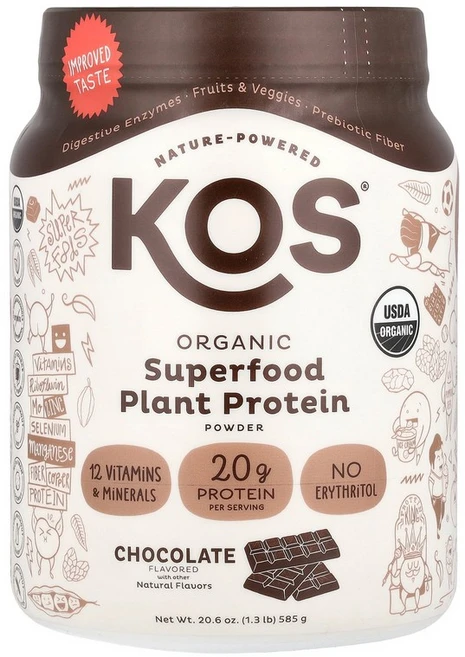 KOS 유기농 슈퍼 푸드 식물성 단백질 분말 초콜릿 585g(1.3lb) KOS (코스), 1개 - 쿠팡