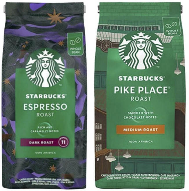 스타벅스 에스프레소 로스트 다크 카라멜리 노트(원두) 200g + 파이크 플레이스 로스트 미디엄 초콜릿 노트 (원두) 200g, 1개, 원두 2개입