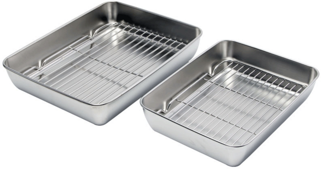 리브문 높이 5cm 직사각 스테인리스 트레이 망 세트 스테이크 레스팅 철제 밧드 기름망, 실버, 1세트, 5cm 직사각형 트레이+망