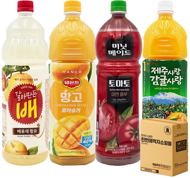 [한번에먹자] 1.5L 4종 과즙음료 혼합세트 ( 갈아만든배 + 망고 + 토마토 + 제주감귤 ), 4개