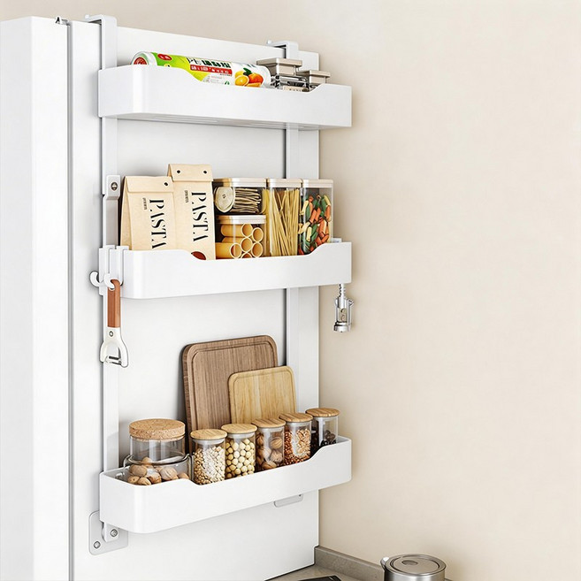 LY 무타공 냉장고 사이드 벽걸이형 선반 수납거치대, 1개, 흰색