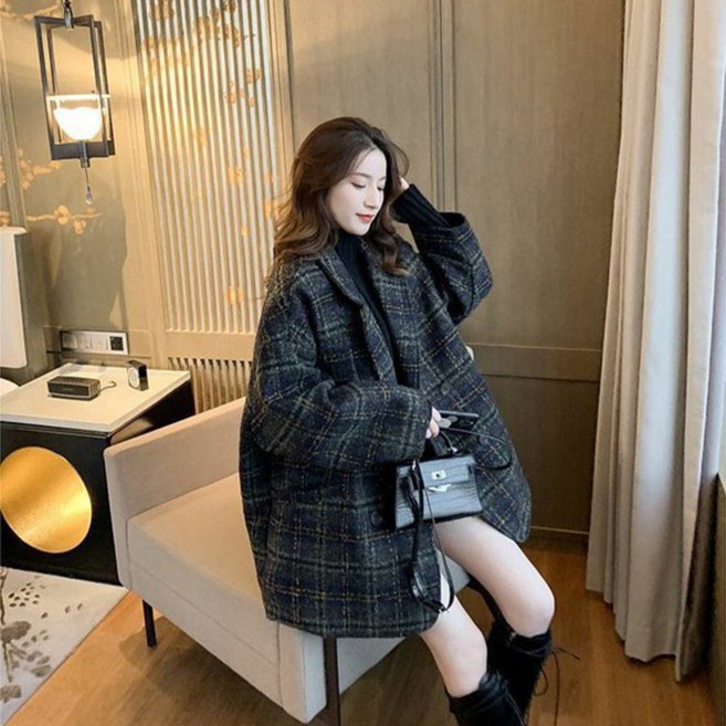 페이먼트 스타일 트위드 체크코트 두꺼운 보온 우아한 잘 어울리는 가성비 좋은 겨울 코트 레트로 우아한 울 코트