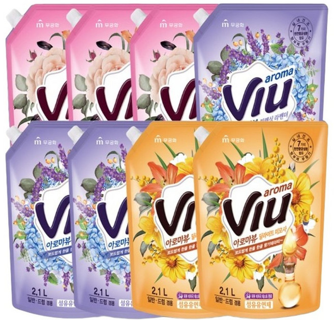아로마뷰 섬유유연제 리필 라벤더3개 + 로즈3개 + 미모사2개, 8개, 2.1L