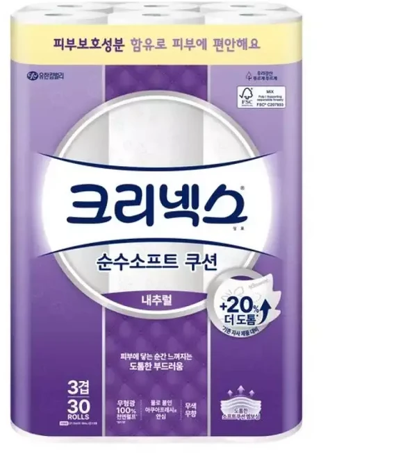 크리넥스 3겹 순수소프트 쿠션 내추럴 30M-30롤, 30m