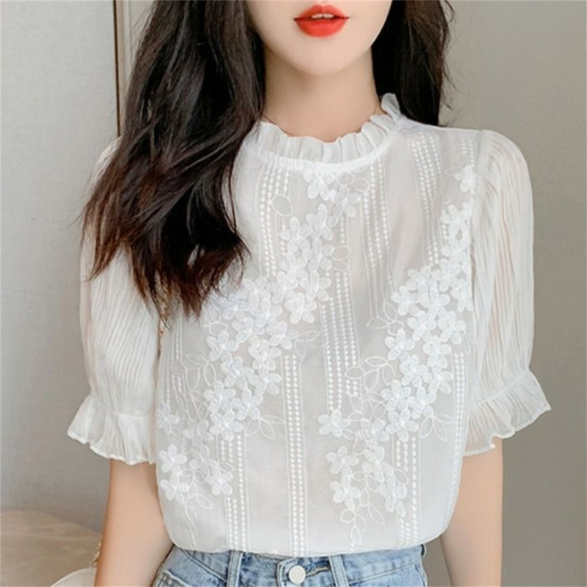 besteffie 여성 블라우스 레이스 플라워 포인트 프릴 반팔 여름 데일리 오피스룩