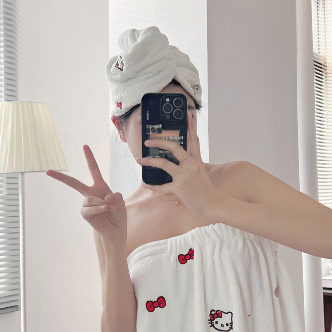 귀여운 헬로 키티 캐릭터 목욕 가운 샤워 가운 부두러운 목욕 타올 머리캡 샤워캡 드라이 헤어캡 세안 모자 수건 선물, 1개