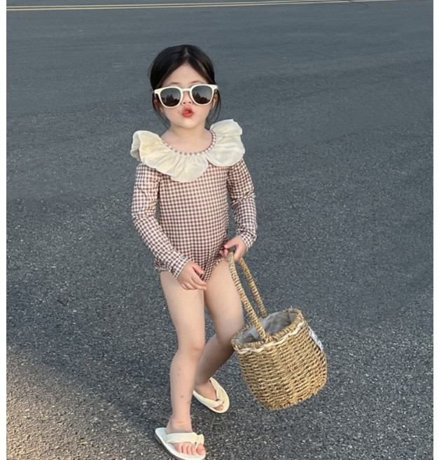 어린이 여자 체크모노키니 수모포함