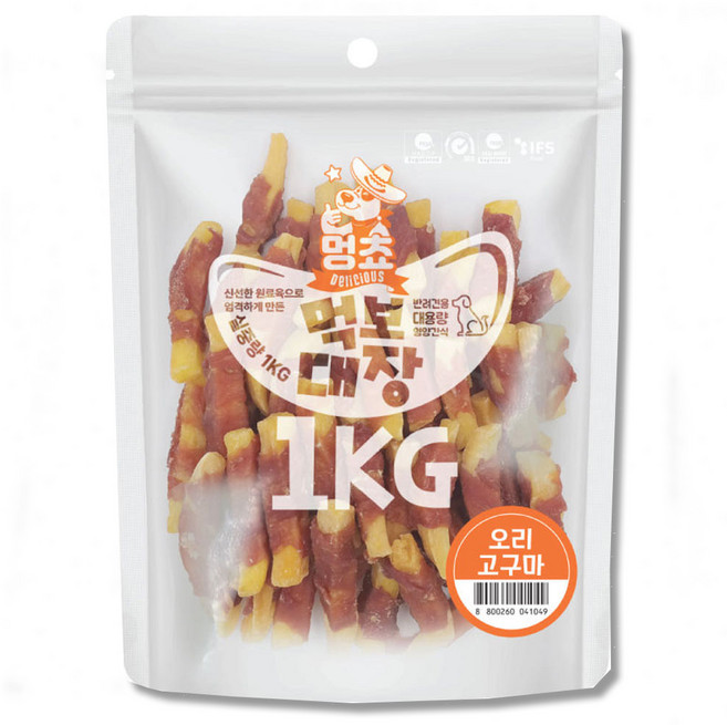 멍쵸 먹보대장 1kg 대용량 강아지간식, 1개, 멍쵸 먹보대장 오리고구마