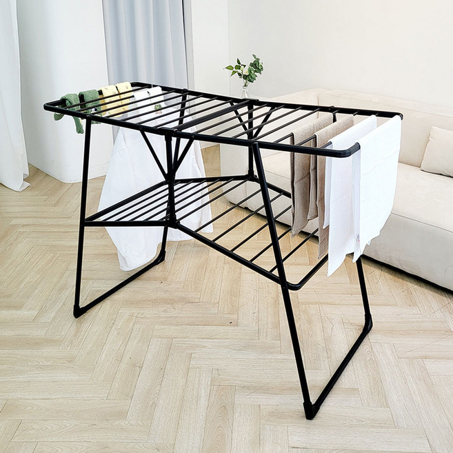 이불도 걱정없는 튼튼한 2단 빨래건조대 원터치 접이식 베란다 원룸 대형, 블랙