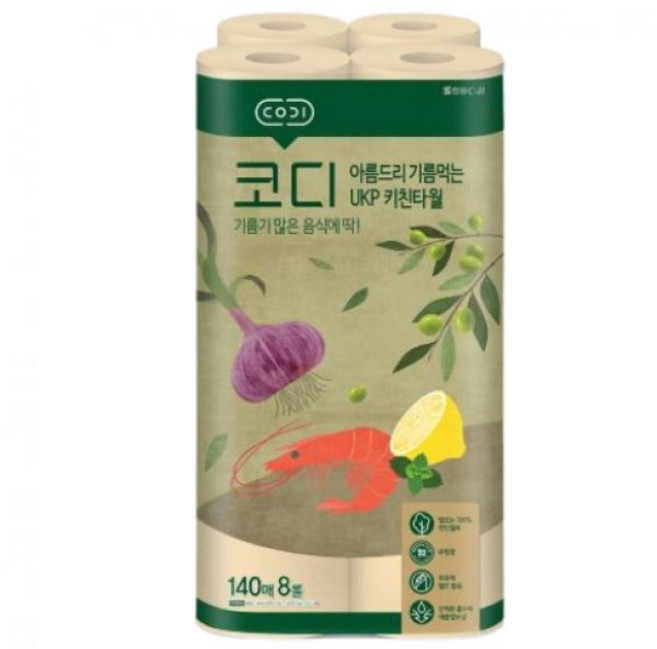 [코디] 아름드리 기름먹는 UKP 무표백 키친타월 140매 x 8입 1팩, [코디] 아름드리 기름먹는 UKP 무표백 키친타월 14