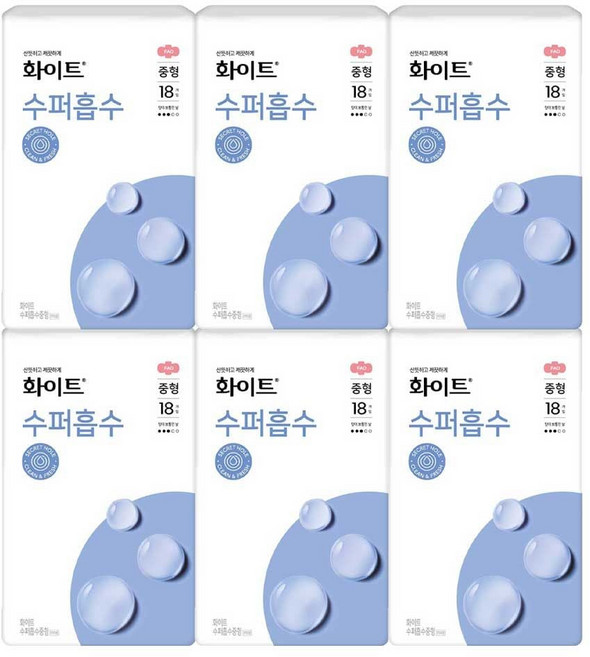 화이트 수퍼흡수 중형 생리대 18개입x6개 cof*324ve, 18개입, 6개