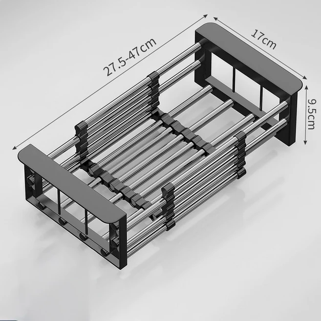 확장형 스테인리스 스틸 접시 건조 랙 주방 싱크대 배수 바구니 텔레스코픽 과일 야채 식기 세척 보관 랙, 01 Small black