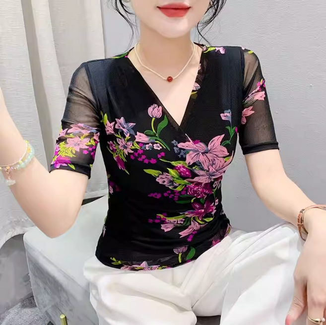 쌍천 여성 라틴 댄스복 라인 줌바 스포츠 꽃무늬 상의 티셔츠