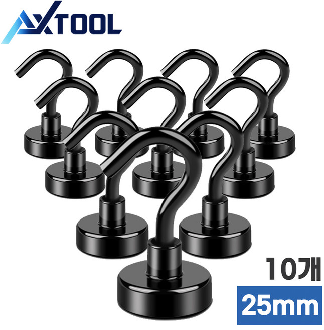 AXTOOL 초강력 네오디움 후크 자석 걸이, 25mm, 10개, 블랙