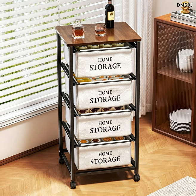 GOOD MOMENT 이동식 수납 트롤리 3단/4단 서랍형 바퀴형 정리함 원목 상판 철제 프레임 다용도 수납장, 4단, 화이트